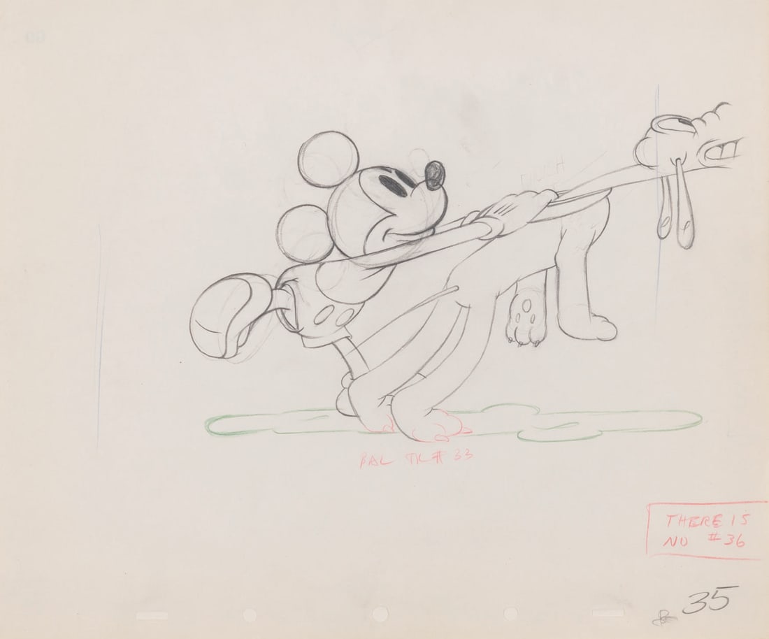 A "Society Dog Show" Original Production Drawing.: (Disney, 1939) A framed original production drawing of Mickey Mouse and Pluto from the animated short "Society Dog Show." The characters have an image size of 5" x 8.5" on 10" x 12" animation paper. T