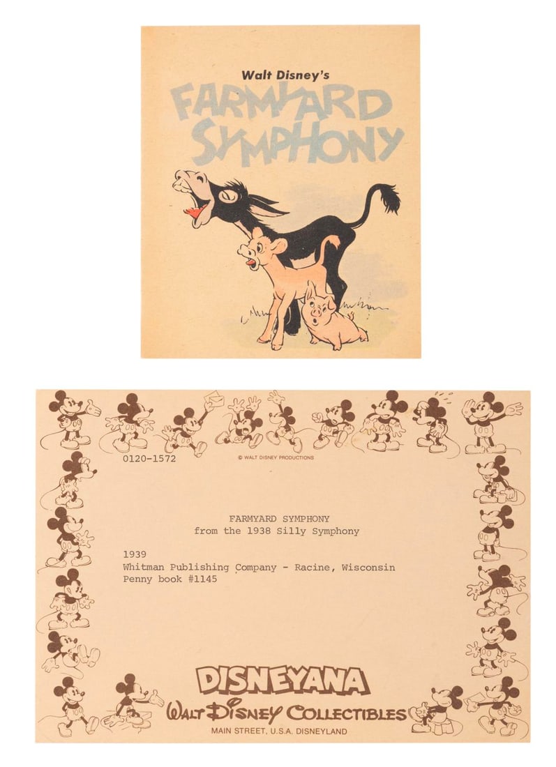 A Walt Disney's "Farmyard Symphony" Penny Book.: (Whitman, 1939) A small "Farmyard Symphony" booklet, telling the story of the Silly Symphony in a dozen illustrated pages. Measuring 4" x 4.75", the booklet is in very good condition withtypical brown