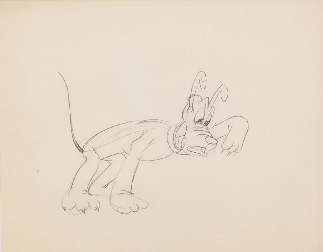 A Framed Pluto Production Drawing.: (Disney, 1940s) A framed original production drawing of Pluto from an early Disney animated short. Pluto has an image size of 5" x 7" on 9" x 11.5" visible animation paper. The entire framed and