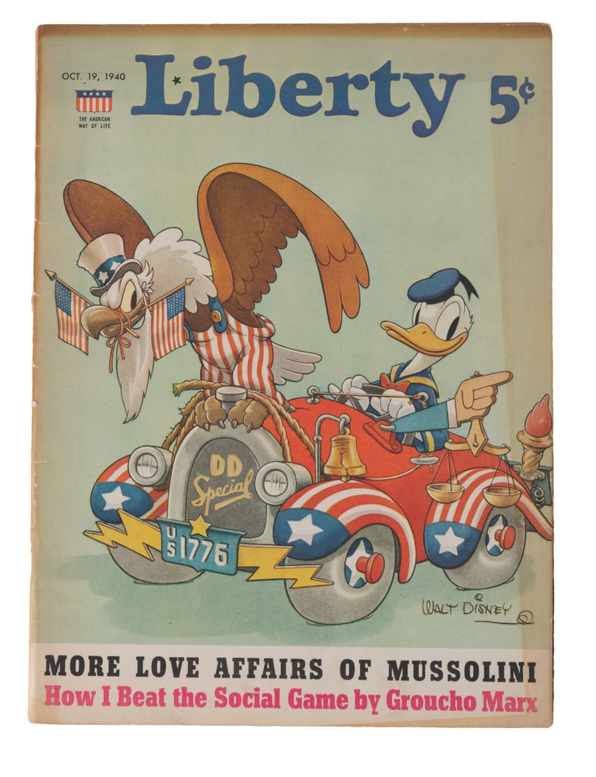 A "Liberty" Magazine with Donald Duck Cover.: (Liberty, 1940) A Liberty, October 19, 1940, issue with a patriotic Donald Duck on the cover. Measuring 8.5" x 11.5", the issue is in good condition with edge tears up to 0.75", creases, heavy wear