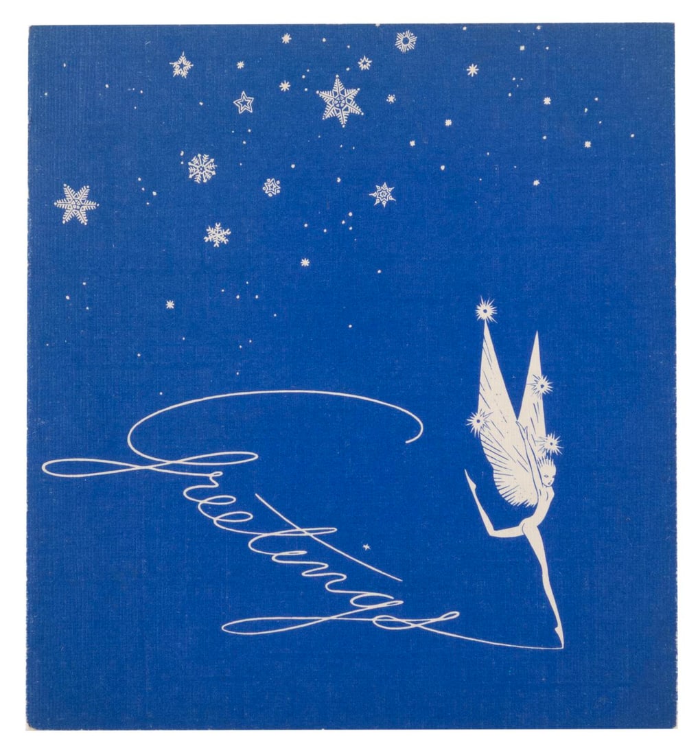 A 1940 Walt Disney Productions Christmas Card: (Disney, 1940) A 1940 Walt Disney Productions Christmas card with the cast of that year's "Fantasia" along with Mickey and friends. Measuring 5.5" x 6" the card is in good condition with