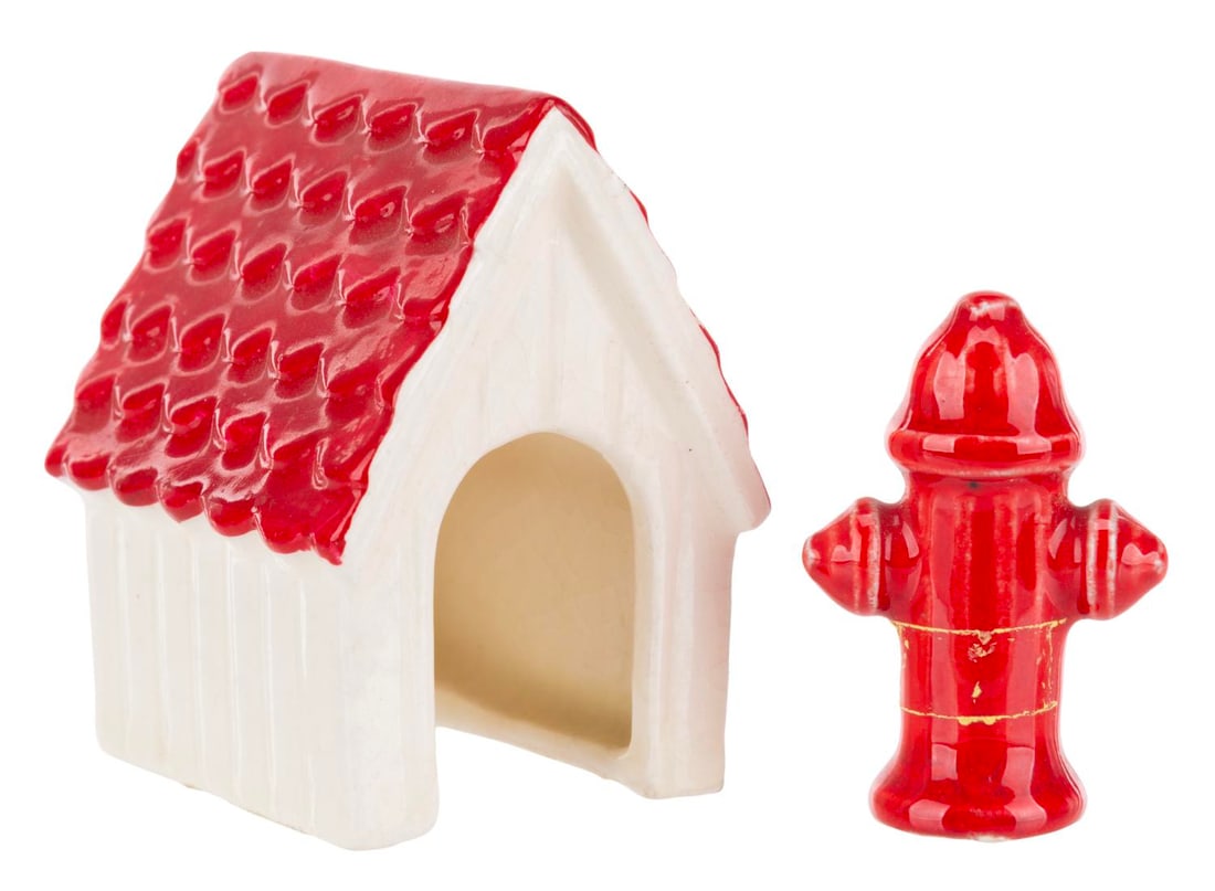 A 1940s Fire Hydrant and Dog House Figurine Set.: (Shaw, 1940s) A ceramic figurine set of a fire hydrant and dog house, manufactured by renowned ceramist Evan K. Shaw Pottery, originally released with a Pluto figurine that is not included. Ranging in
