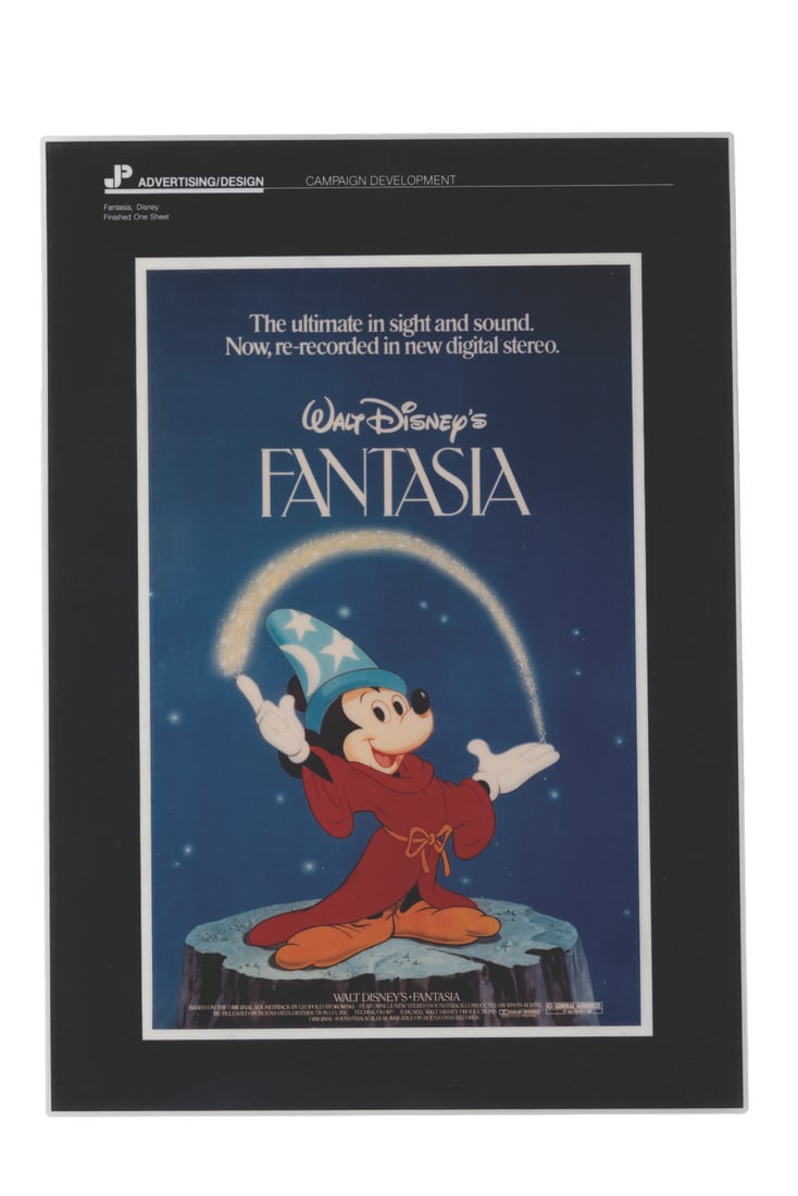A "Fantasia" Re-Release Poster Presentation Board.: (Disney, 1980s) A laminated presentation board showing a 1980s "Fantasia" re-release one-sheet. Measuring 12.25" x 17.25", the laminated board is in good production-used condition with scuffs,
