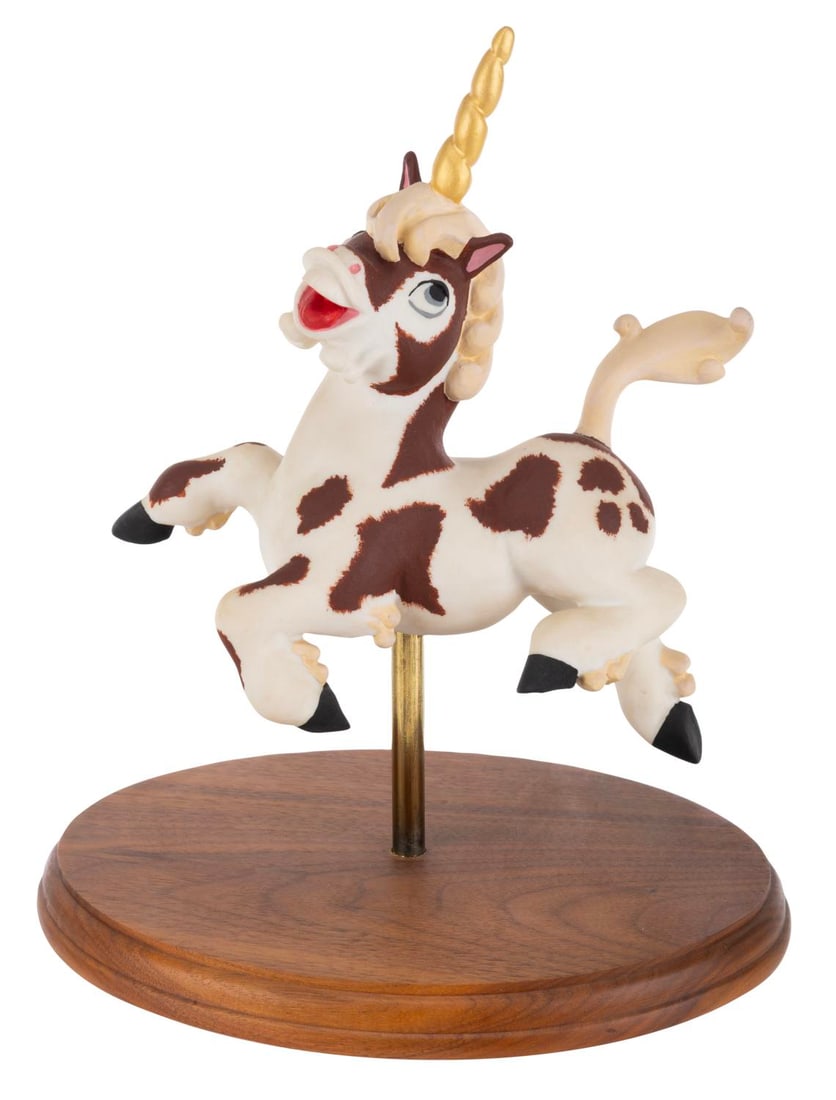 A "Fantasia" Unicorn Maquette Replica.: (Disney, 1970s-90s) A resin replica of the animator's maquette used for unicorns during production of "Fantasia," based on the original mold. Measuring 8.75" x 10" including its wooden base, the resin