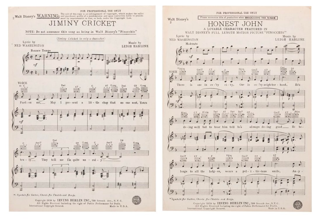 A Pair of "Pinocchio" Songs Sheet Music. (1 of 1)
