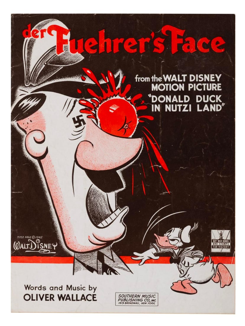 Sheet Music for Walt Disney's "Der Fuehrer's Face.": (Disney, 1942-43) Vintage sheet music for Walt Disney?s "Der Fuehrer?s Face" printed by Southern Music Publishing. Measuring 9" x 12", the piece displays in good condition with heavy creases