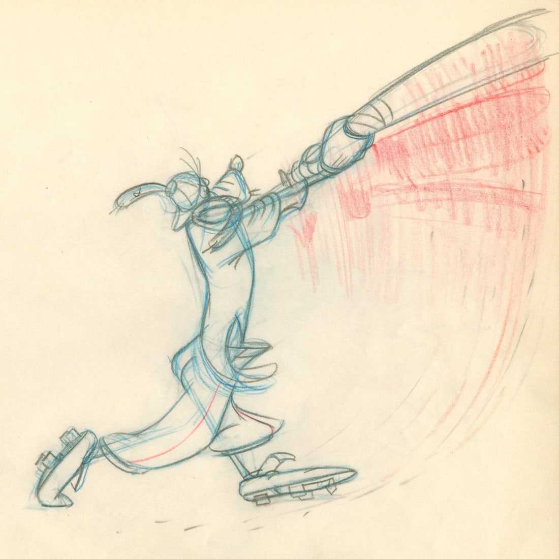 A Goofy "How to Play Baseball" Production Drawing.: (Disney, 1942) An original production drawing of Goofy from the animated short "How to Play Baseball." With an image size of 7.5" x 7.75" on 10" x 12" animation paper, the graphite and colored pencil