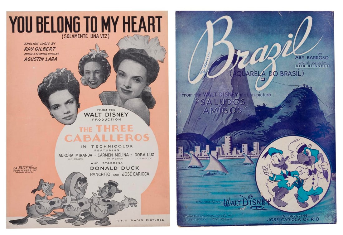 "Saludos Amigos" and "The Three Caballeros" Sheet Music.: (Disney, 1942-43) Sheet music for "Brazil" from "Saludos Amigos," and "You Belong to my Heart" from "The Three Caballeros." The sheet music is in very good and good condition, with handling wear and
