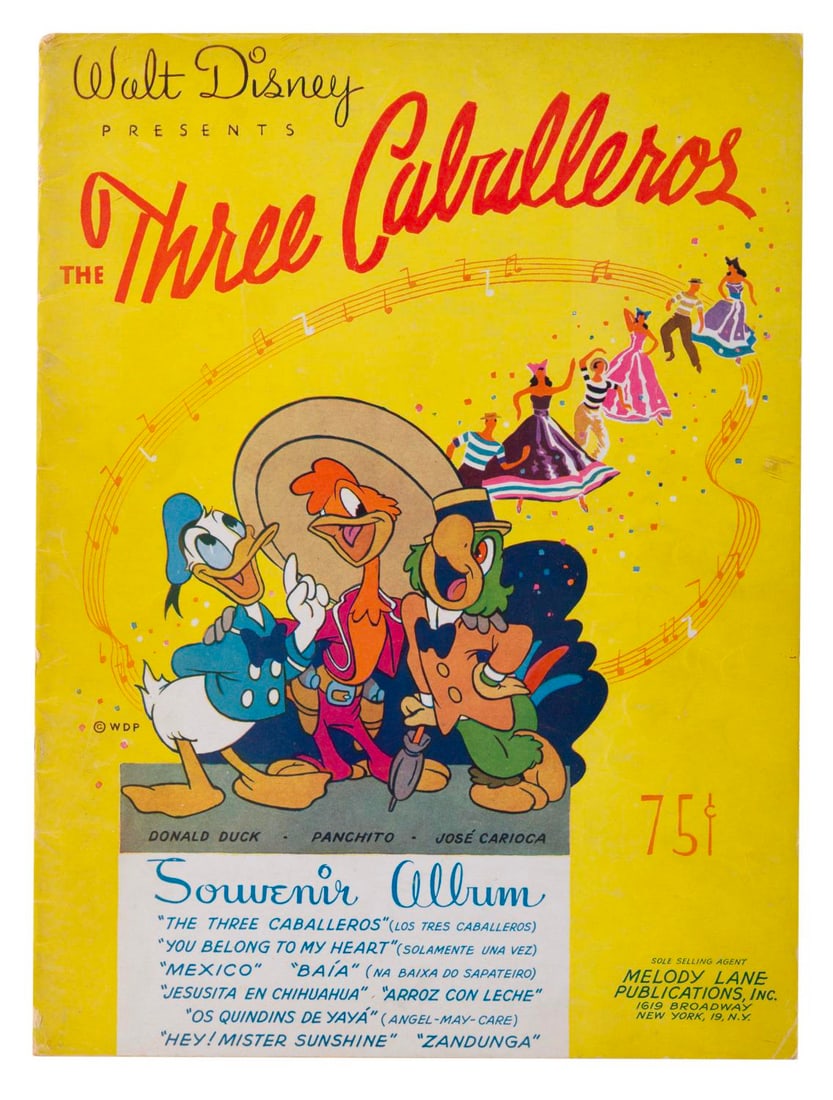 A "The Three Caballeros" Sheet Music Souvenir Album.: (Melody Lane Publications, 1944) A "Three Caballeros" Souvenir Album featuring sheet music for nine songs, and pages of images from the film. Measuring 9" x 12", the souvenir album is in good
