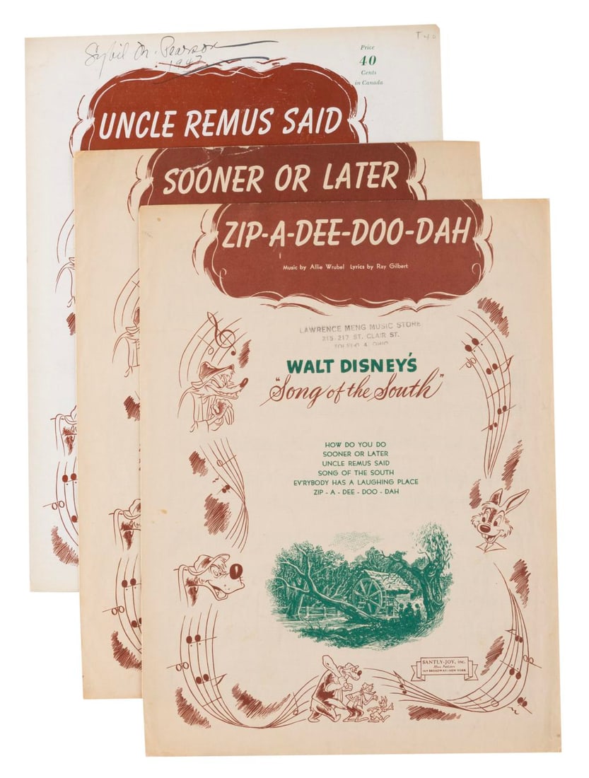 A "Song of the South" Sheet Music Collection.: (Disney, 1946) Three sheet music booklets for the "Song of the South" numbers "Sooner or Later," "Uncle Remus Said," and "Zip-A-Dee-Doo-Dah." Ranging in size from 9" x 12" to 9.25" x 12.25", the