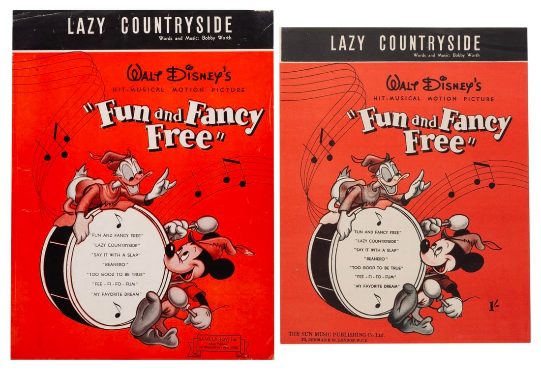 A Pair of "Fun and Fancy Free" Sheet Music.: (Disney, 1947) A pair of sheet music for the song "Lazy Countryside" from the Disney film "Fun and Fancy Free." Ranging in size from 8.5" x 11" to 9" x 12", the sheet music is in good to very good