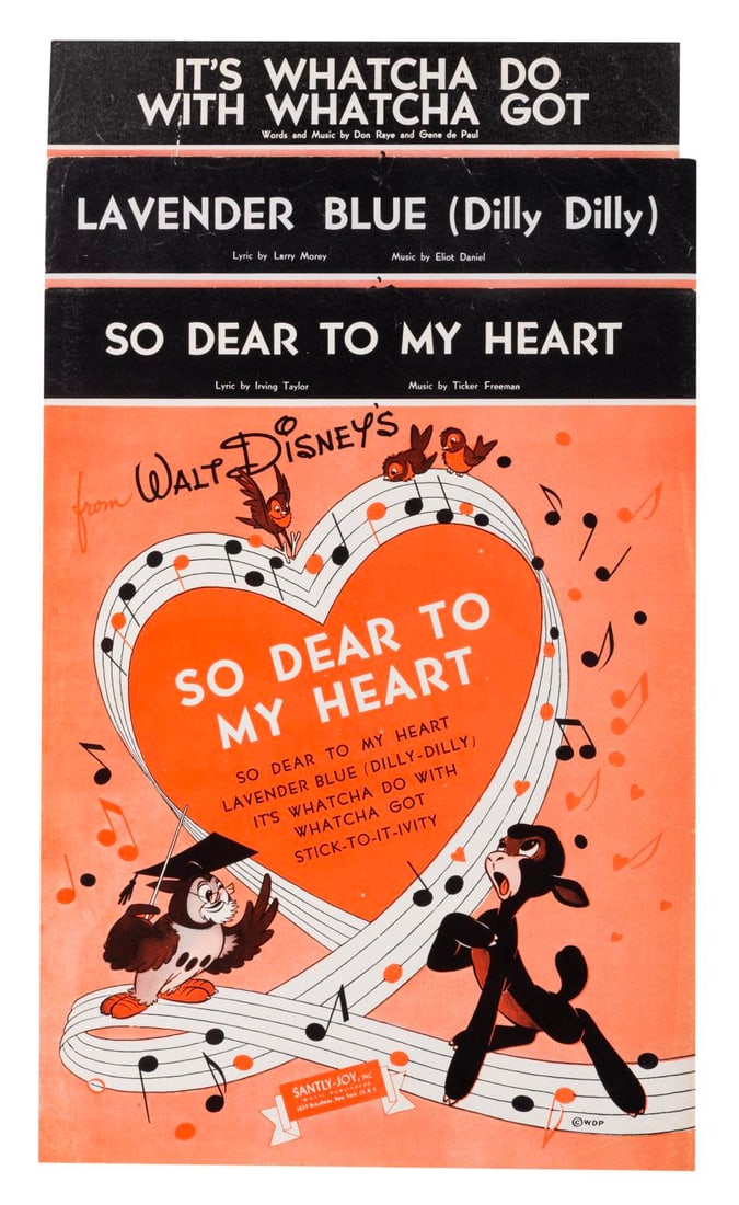 A "So Dear to My Heart" Sheet Music Collection.: (Disney, 1948) A trio of sheet music booklets for the "So Dear to My Heart" songs, "It's Whatcha Do with Whatcha Got," "Lavender Blue (Dilly Dilly)," and the title song "So Dear to My Heart."