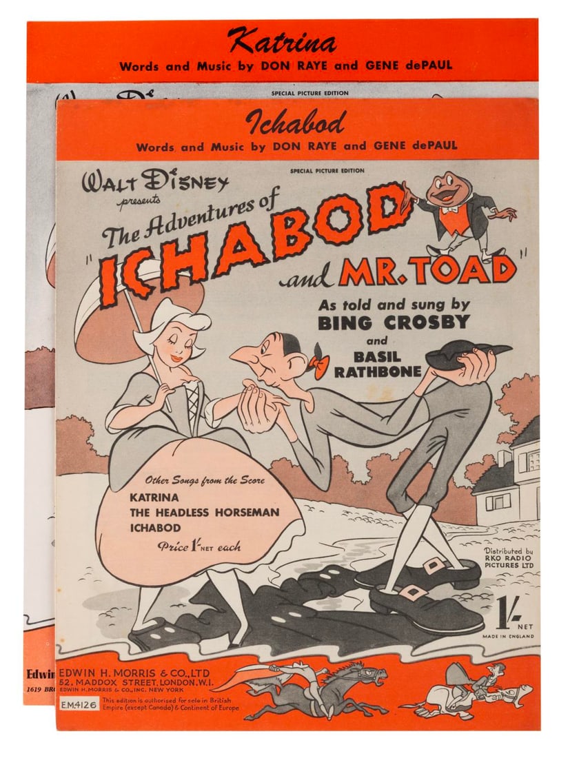 "The Adventures of Ichabod and Mr. Toad" Sheet Music.: (Disney, 1949) Sheet Music for "Katrina" and "Ichabod" from "The Adventures of Ichabod and Mr. Toad." Measuring 8.5" x 11" and 9" x 12", the sheet music is in very good condition with creases,