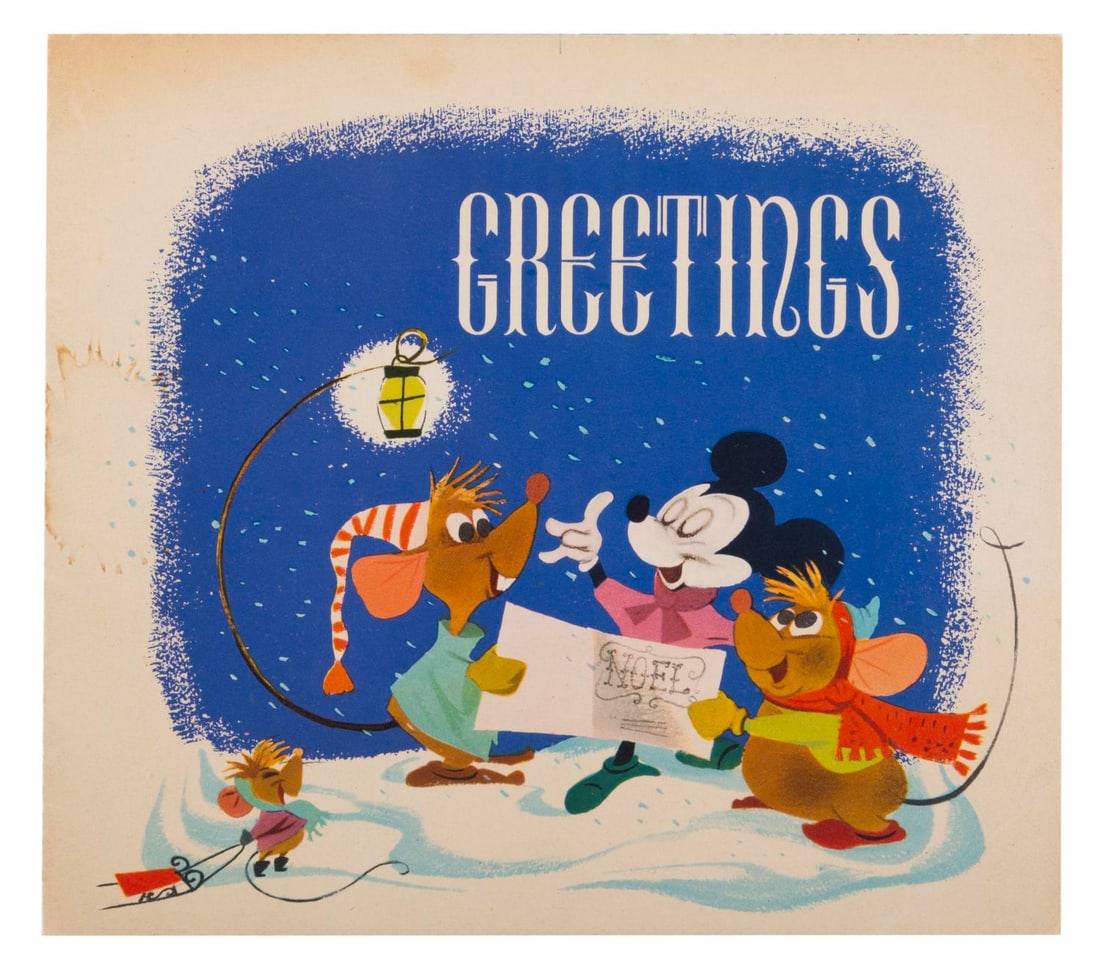A 1949 Walt Disney Productions Christmas Card.: (Disney, 1949) A 1949 Walt Disney Productions Christmas card with a 1950 "Cinderella" calendar and promotions for "Alice in Wonderland" and "Treasure Island." Measuring 7" x 8" the card is in very