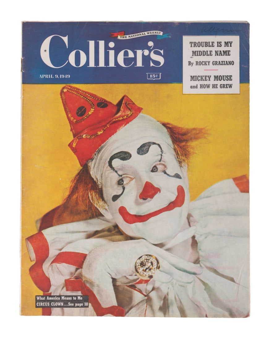 A 1949 Collier's Magazine with Mickey Mouse.: (Collier's, 1949) The April 9, 1949, issue of Collier's magazine featuring "Mickey Mouse and How He Grew," an article about the history of Mickey Mouse on his 21st birthday, with artwork by John Hench