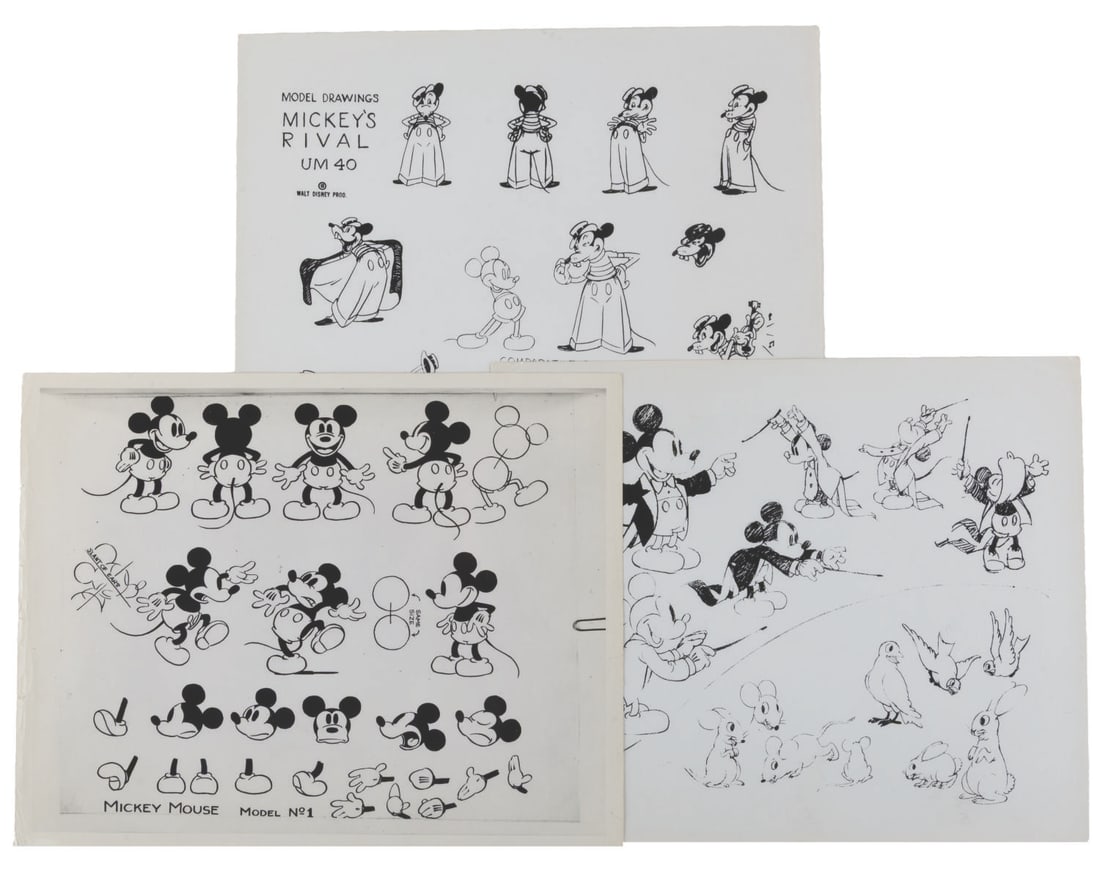 A Collection of Mickey and Mortimer Mouse Photo Model Sheets.: (Disney, 1940s-60s) Three photo model sheets of Mickey Mouse from 1939's "Mickey's Grand Opera," and Mortimer Mouse from "Mickey's Rivals." Measuring 8" x 10" each, the photos are in good to very