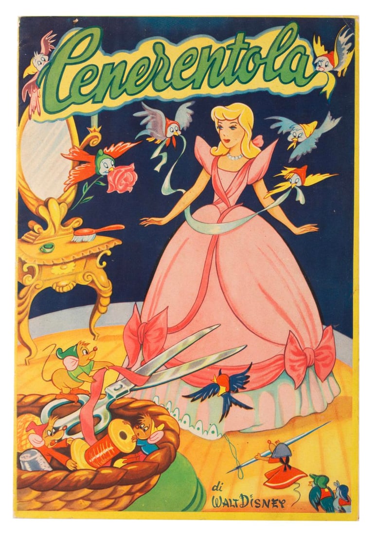 An Italian "Cinderella" Stamp Book.: (Collezioni Lampo, 1950s) An Italian Cenerentola stamp book, based on Walt Disney's "Cinderella." The book is complete, and the stamps are adhered to their correct locations. Measuring 8.5" x 12.5",