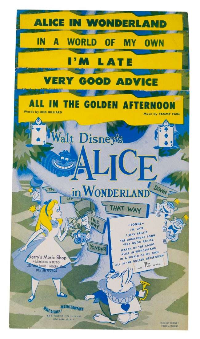 A Collection of "Alice in Wonderland" Sheet Music.: (Disney, 1951) Sheet music from "Alice in Wonderland," including the songs "I?m Late," "In A World of My Own," "All in the Golden Afternoon," "Very Good Advice," and "Alice in Wonderland." Measuring