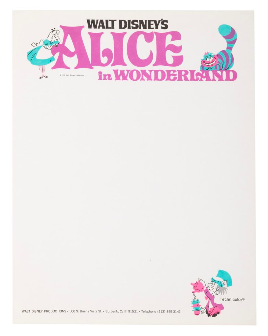 A Sheet of Re-Release "Alice in Wonderland" Stationery.: (Disney, 1973) A Walt Disney Productions stationery page themed for the 1973 re-release of "Alice in Wonderland." Measuring 8.5" x 11", the stationery is in fine condition.
