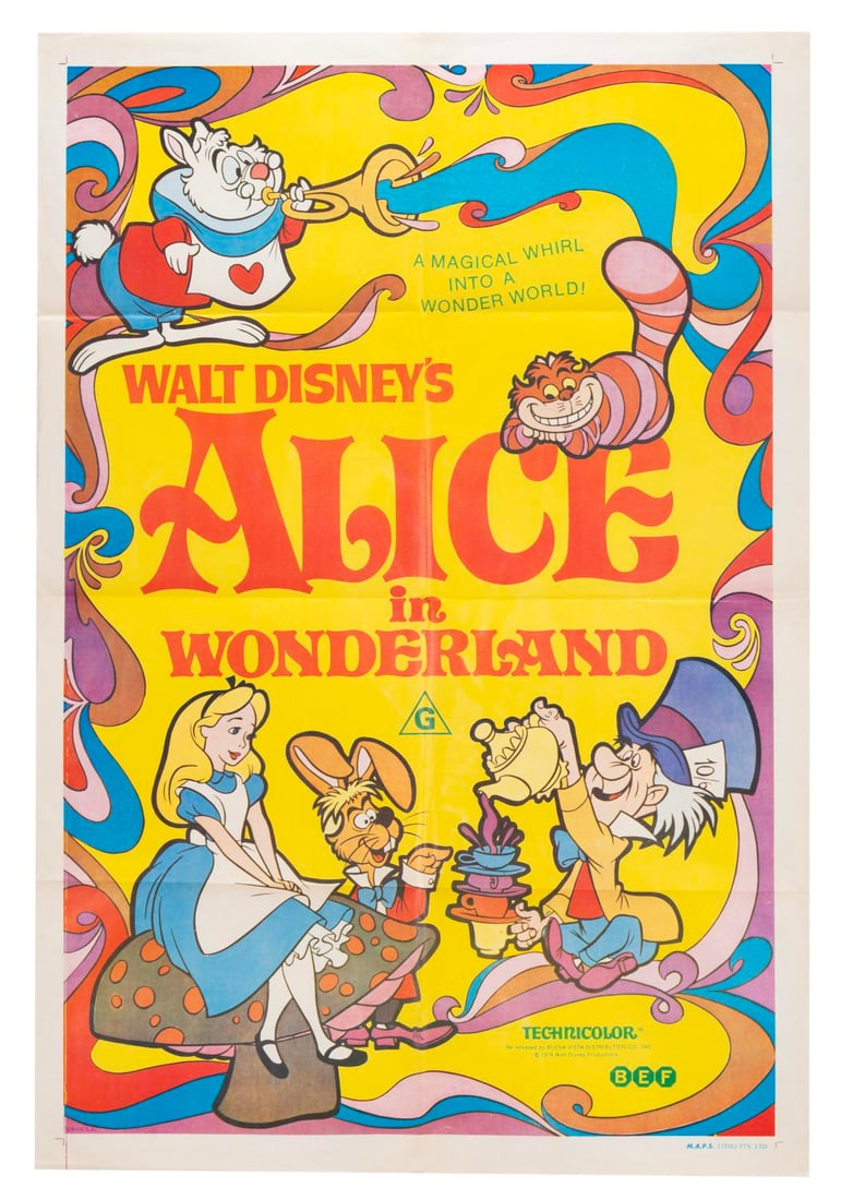 A 1974 Australian "Alice in Wonderland" One-Sheet.: (Disney, 1974) A psychedelic one-sheet from the 1974 theatrical re-release of Walt Disney's "Alice in Wonderland" in Australia. Measuring 27" x 40", the poster is in very good condition, with typical