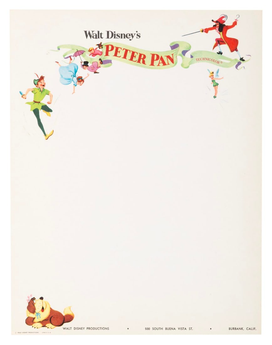 A Page of "Peter Pan" Production Letterhead.: (Disney, 1953) A page of Walt Disney Productions stationery from the production of "Peter Pan," released in 1953. These were created and used only for correspondence during the production of the film.