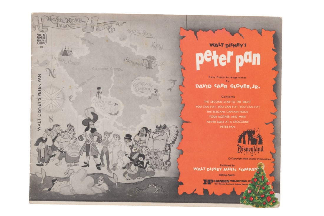 A "Peter Pan" Sheet Music Book.: (Disney, 1950s) A book of easy piano arrangements of the classic songs from "Peter Pan." Measuring 8.5" x 11", the book is in good condition with handling wear, creases, and spots of discoloration.