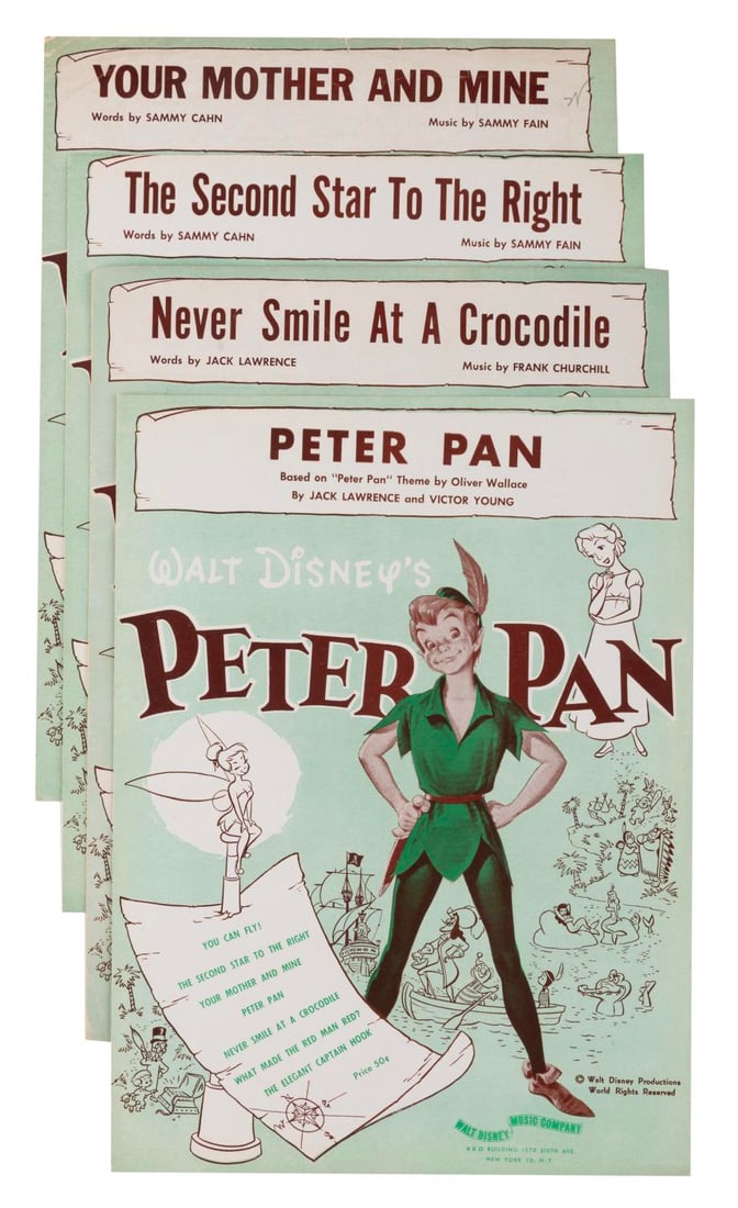 A Collection of Walt Disney's "Peter Pan" Sheet Music.: (Disney, 1951-52) A collection of sheet music for four songs from Disney?s "Peter Pan." Included are "Never Smile at a Crocodile," "The Second Star to the Right," "Your Mother and Mine," and the