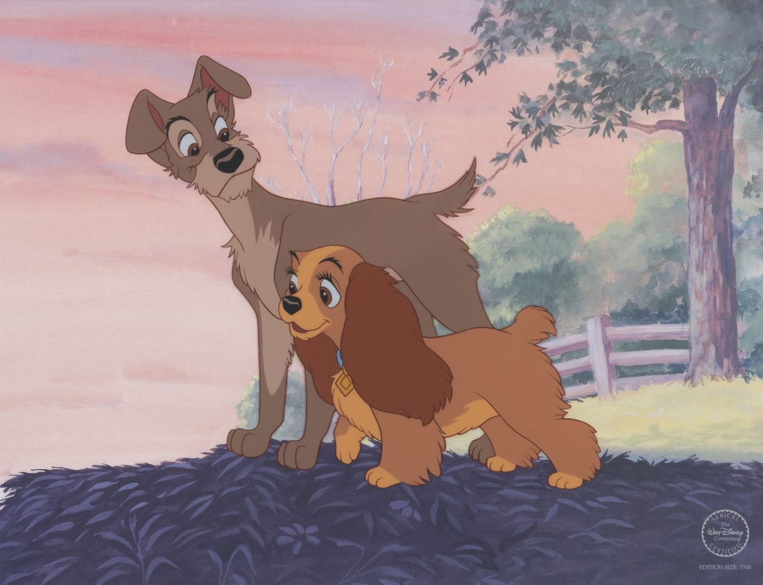 A "Lady and the Tramp" Limited Edition Sericel.: (Disney, 1998) A 75 Years of Love & Laughter "Lady and the Tramp" sericel titled "Love on the Horizon," released in a limited edition of 3500. The characters have an image size of 7.25" x 8" in a 10" 
