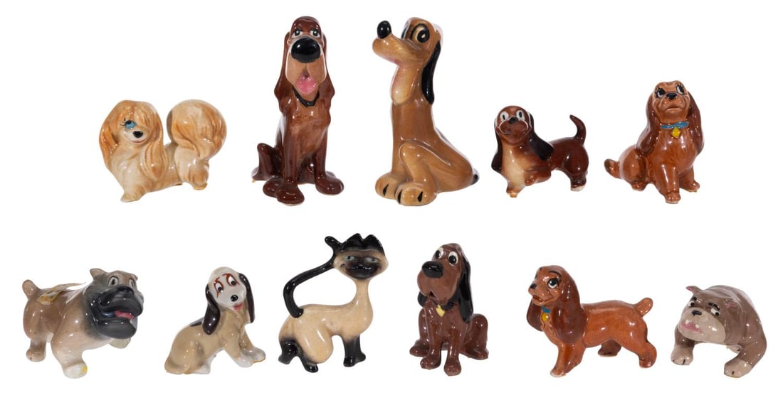 A Collection of "Lady and the Tramp" Ceramic Figurines.: (Shaw/Hagen-Renaker/Wade, 1950s/1960s) A Collection of ten "Lady and the Tramp" ceramic figurines. Included are Trusty, Bull, Peg, Dachsie, Lady sitting, Lady standing and Am manufactured by Evan K. S