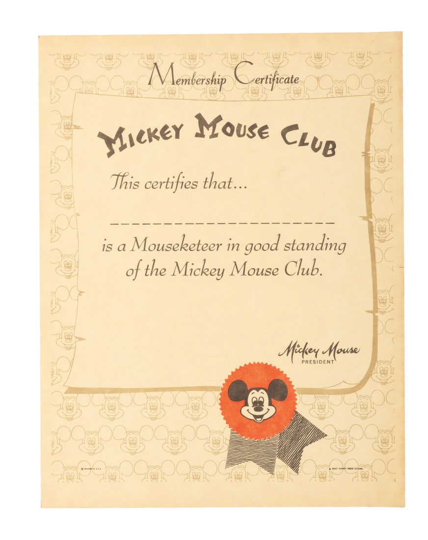 A Mickey Mouse Club Membership Certificate.: (Disney, 1950s) An original Membership Certificate from the Mickey Mouse Club. This document states that the member is "A Mouseketeer in good standing of the Mickey Mouse Club." The certificate has no