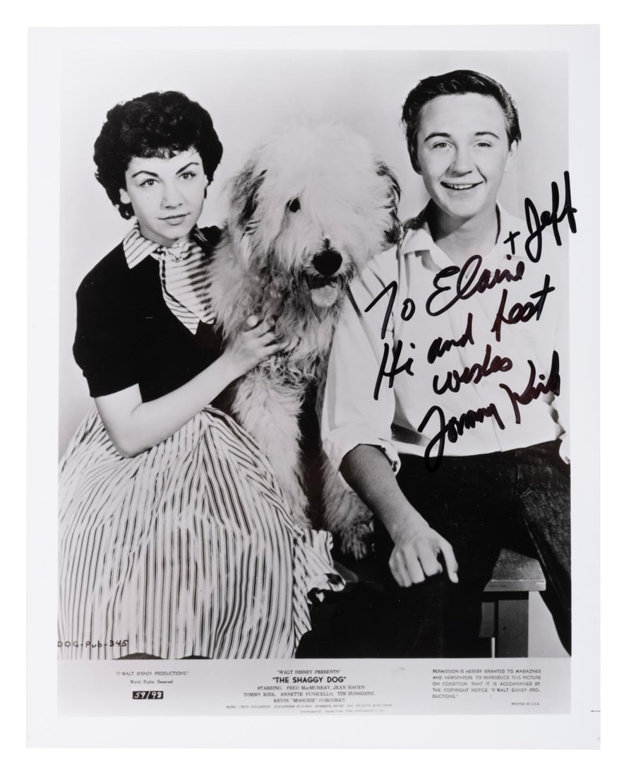A Tommy Kirk Signed "The Shaggy Dog" Photograph.: (Disney, 1959) A publicity photo from "The Shaggy Dog" signed with a dedication by actor Tommy Kirk. Measuring 8" x 10", the photo is in fine condition.