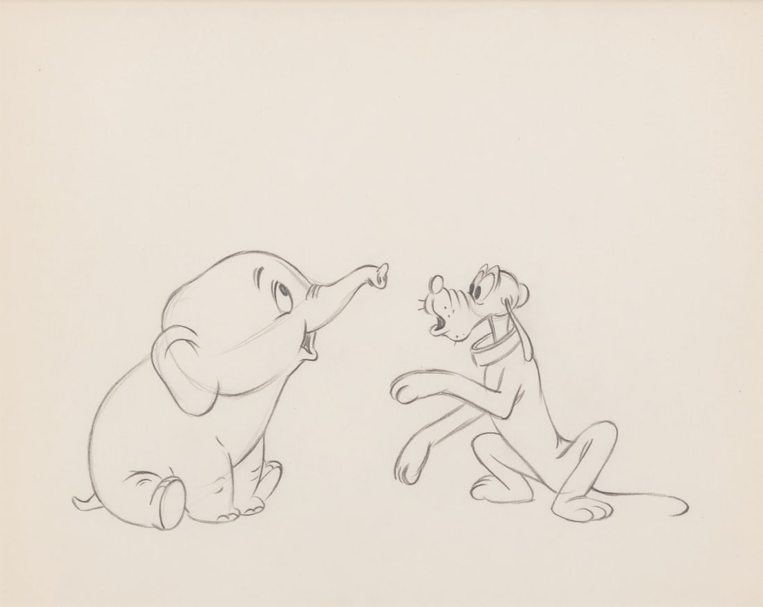 A Pluto and Elephant Original Production Drawing.: (Disney, 1950s-60s) A framed original production drawing of Pluto and an elephant from a Disney television production. The characters have an image size of 4.25" x 9.25" on 9" x 11.5" visible