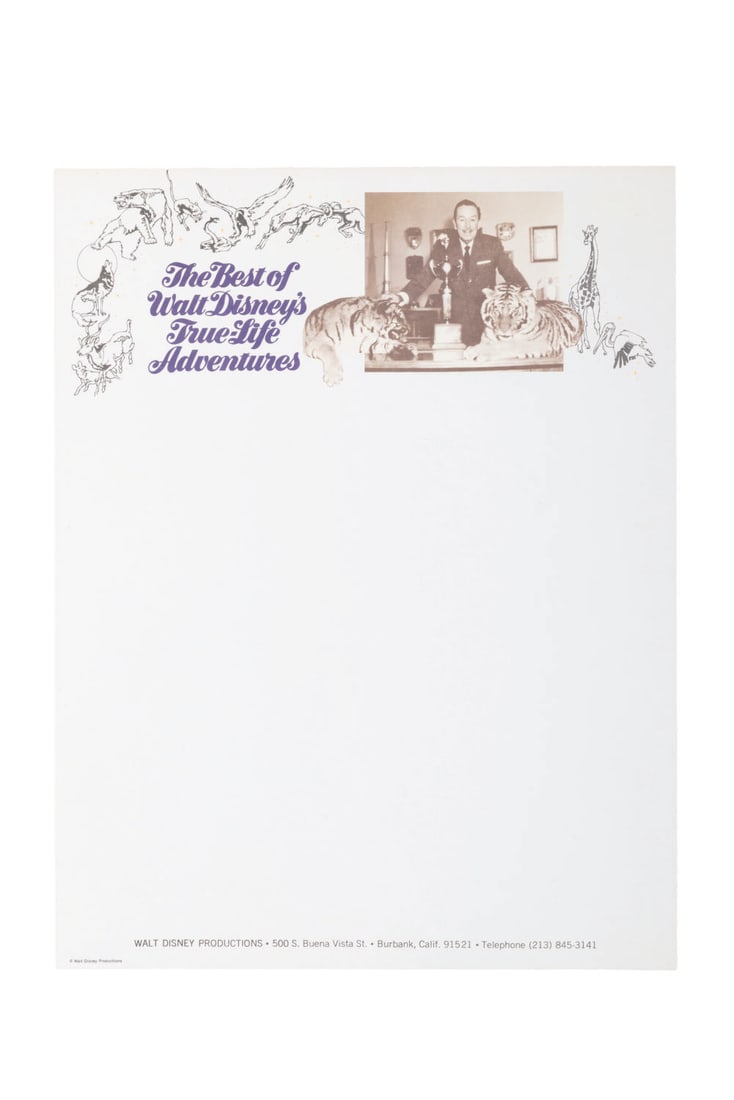 A Rare "Best of True Life Adventures" Stationery Sheet.: (Disney, 1975) A rare sheet of Disney Studio letterhead for "The Best of Walt Disney?s True Life Adventures." The stationery for this compilation film may be the only letterhead from the Studio to