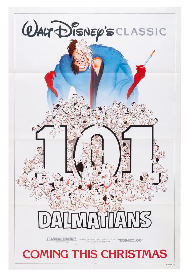A "101 Dalmatians" Re-Release One-Sheet.: (Disney, 1985) An original one-sheet for the 1985 theatrical re-release of Walt Disney?s Classic "101 Dalmatians." Measuring 27" x 41", the poster is in fine condition.