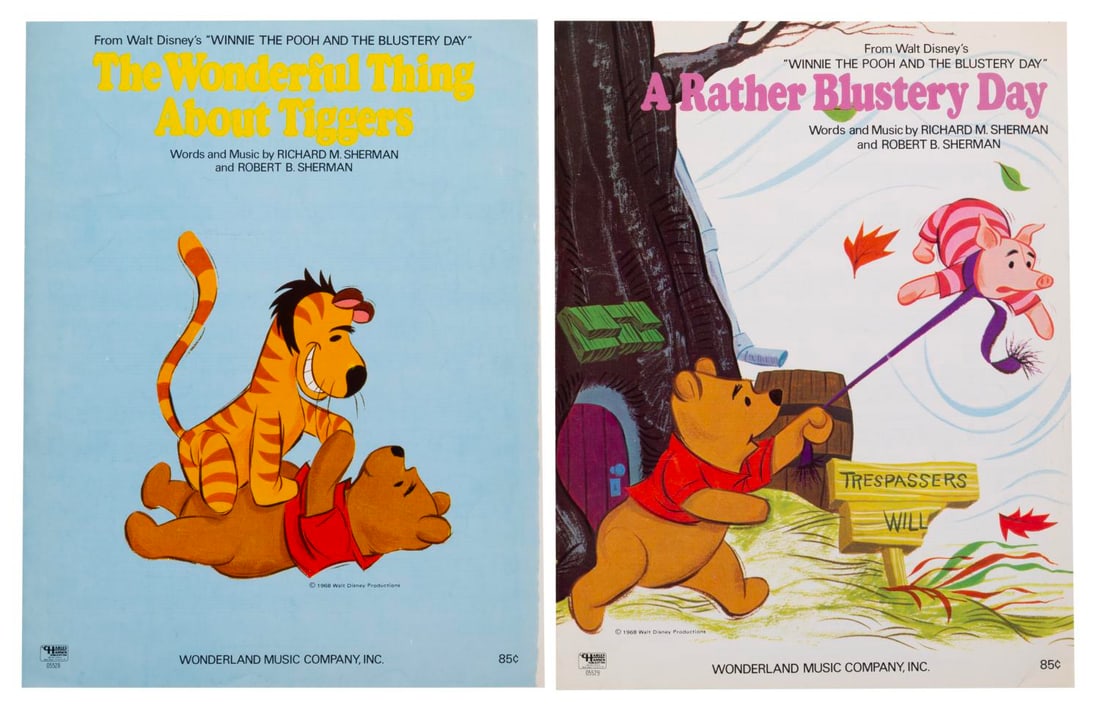 "Winnie the Pooh and the Blustery Day" Sheet Music.: (Wonderland Music Company, Inc., 1968) Sheet music from "Winnie the Pooh and the Blustery Day," including the songs "A Rather Blustery Day," and "The Wonderful Thing About Tiggers." Measuring 8.5" x