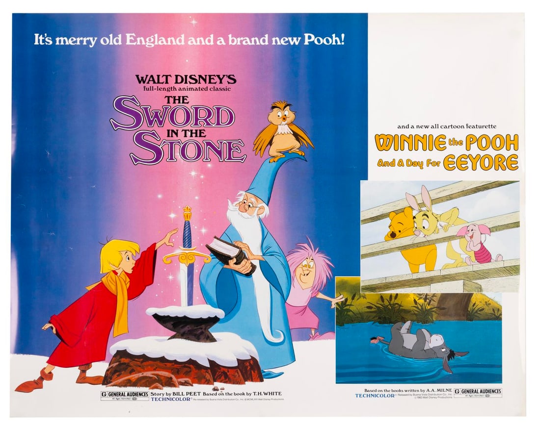 A "The Sword in the Stone" and "Winnie the Pooh and a Day for Eeyore" Movie Poster: (Disney, 1983) A poster for 1983 re-release of Walt Disney?s "The Sword in the Stone" with the "Winnie the Pooh and a Day for Eeyore," featurette. Measuring 22" x 28", the poster is in good condition