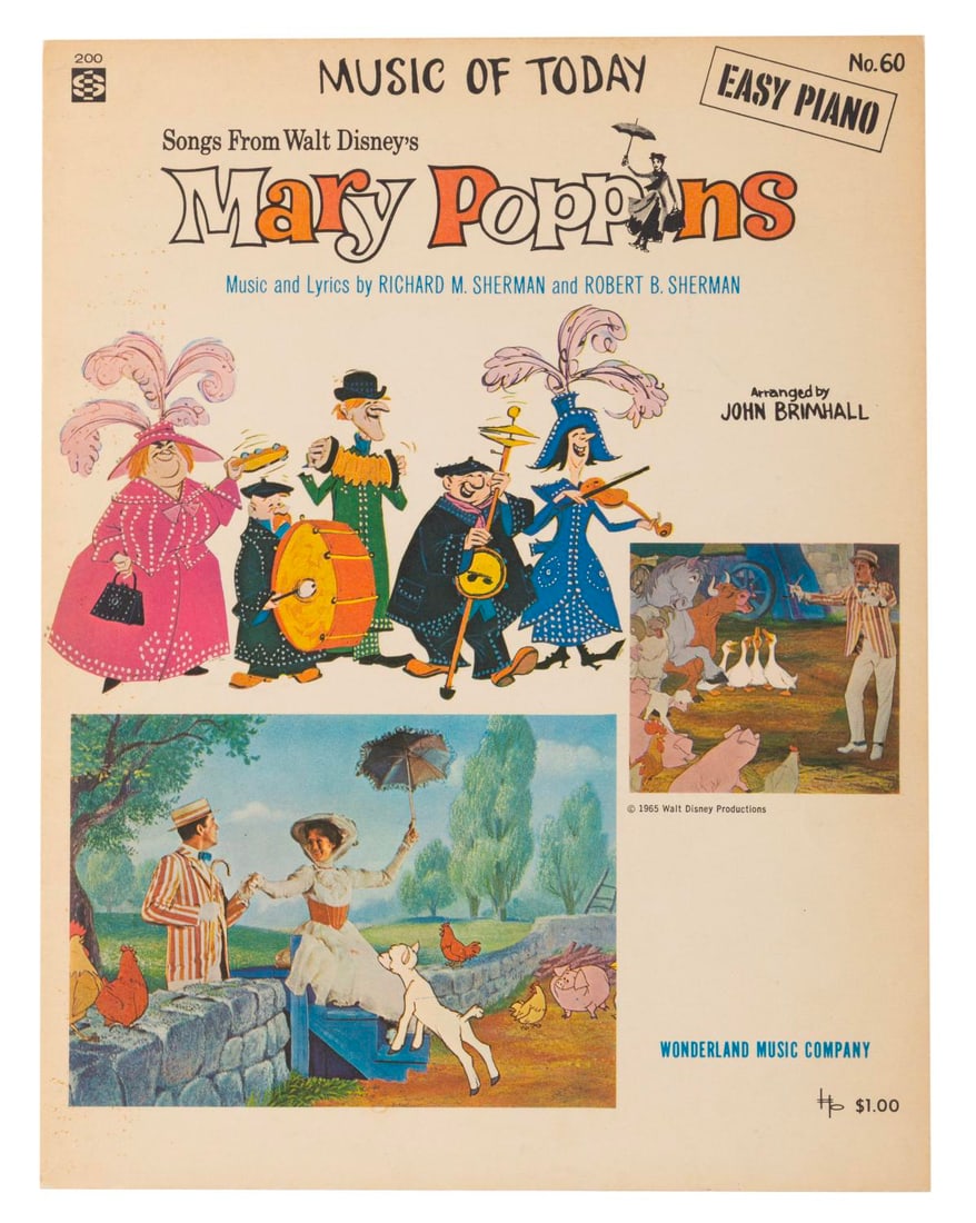 A "Mary Poppins" Sheet Music Booklet.: (Wonderland Music, 1965) Seventeen pages of "Mary Poppins" sheet music for piano, including the hit songs "Supercalifragilisticexpialidocious," "(A) Spoonful of Sugar," and "Lets Go Fly a Kite."