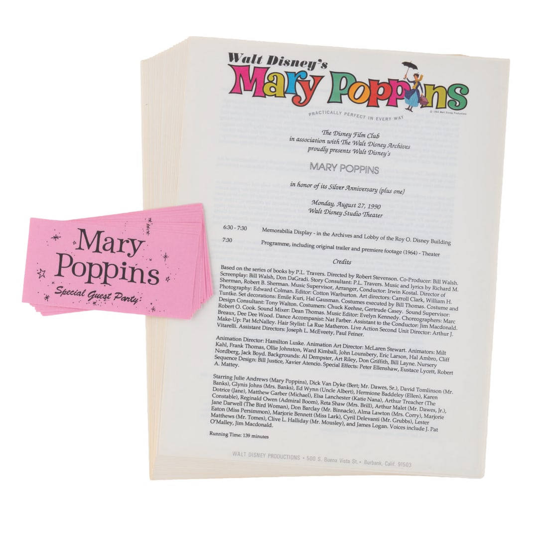 A Set of "Mary Poppins" 1990 Disney Studio Screening Programs and Tickets.: (Disney, 1990) A collection of memorabilia from a 1990 "Mary Poppins" commemorative screening held on the Walt Disney Studio Lot. Included are 12 Special Guest Party passes and 19 programs for the