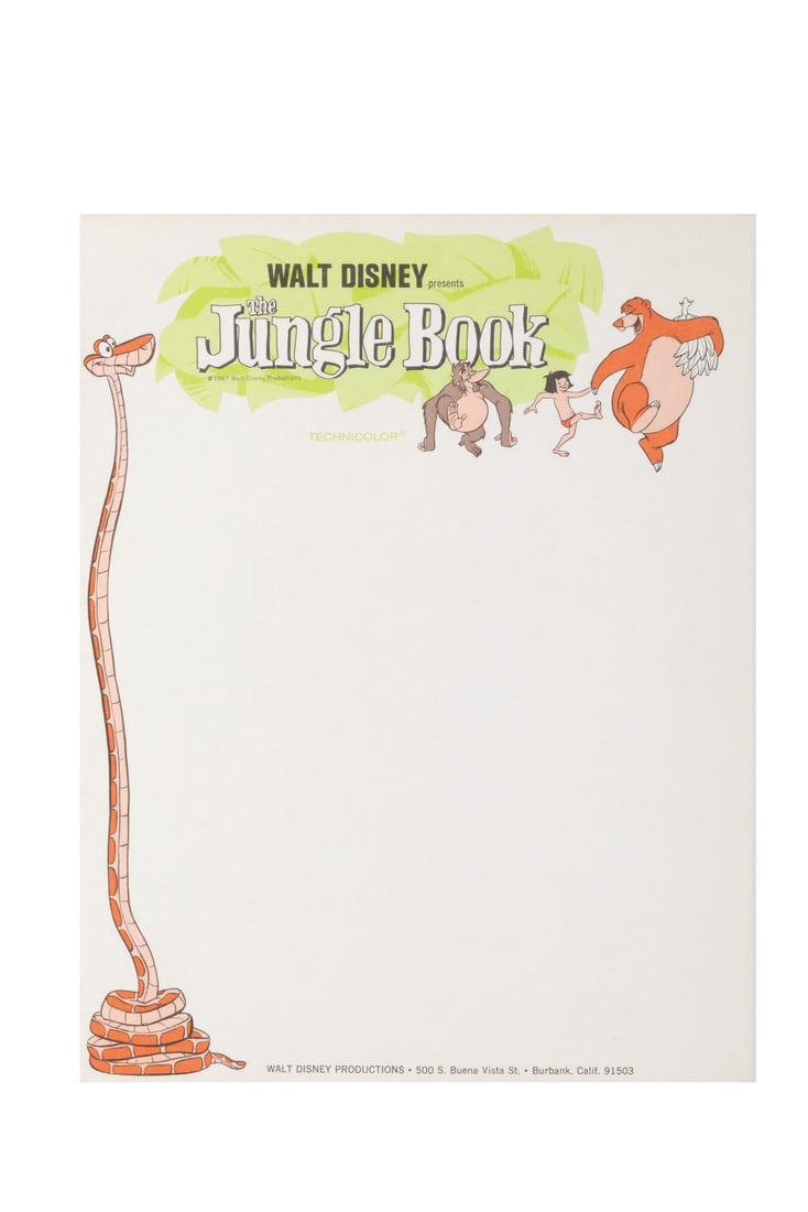 A "The Jungle Book" Stationery Sheet.: (Disney, 1967) A page of Walt Disney Productions letterhead themed for the original release of "The Jungle Book." Measuring 8.5" x 11" the stationery is in very good condition with a small crease at