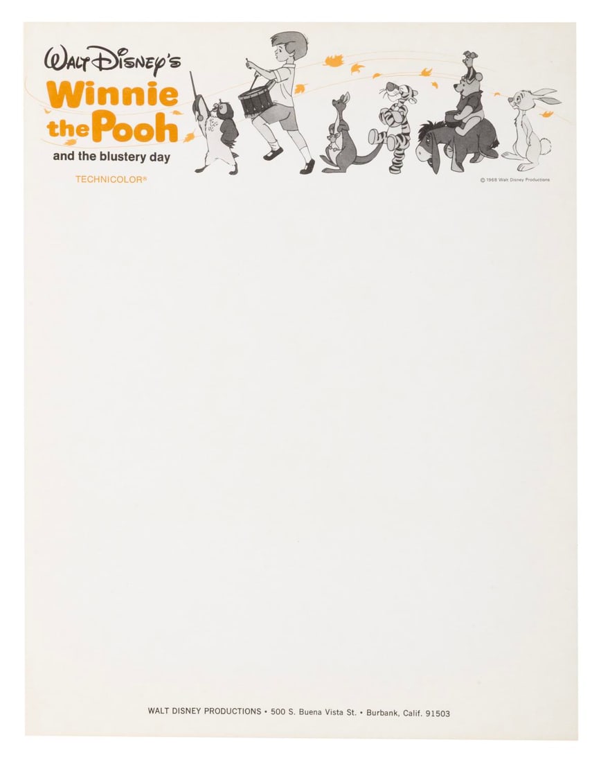 A "Winnie the Pooh and the Blustery Day" Stationery Sheet.: (Disney, 1968) A page of Walt Disney Studio letterhead from the production of "Winnie the Pooh and the Blustery Day." Measuring 8.5" x 11", the stationery is in very good condition with a gentle creas