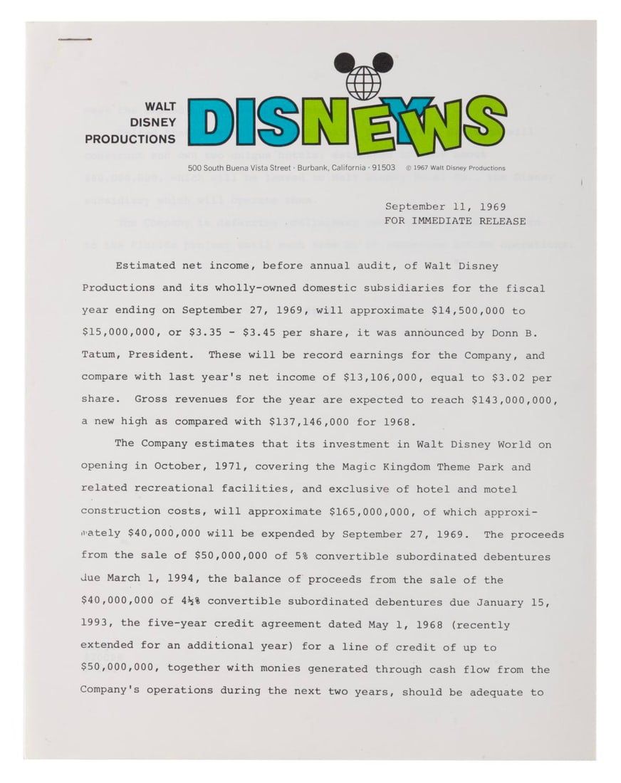 A Walt Disney Productions Disney News Press Release.: (Disney, 1969) A 21-page Disney News press release covering Walt Disney Productions' financials, developments, theme parks, films, merchandising, and ancillary activities meant for presentation to