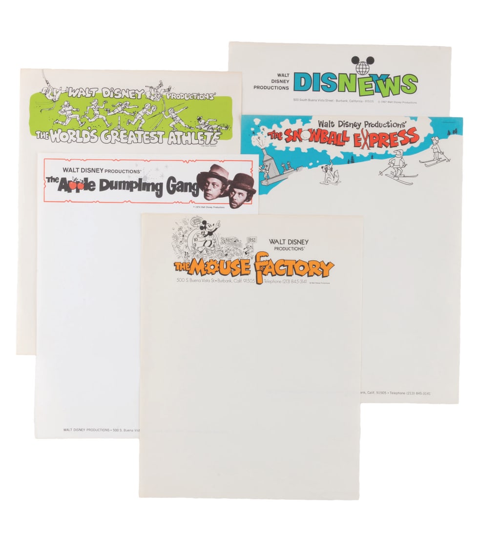 A Collection of 1970s Walt Disney Studio Stationery Sheets.: (Disney, 1970s) Five sheets of 1970s Disney production letterhead for live action films and television shows. Included are "The Snowball Express," "The Apple Dumpling Gang," The World?s Greatest