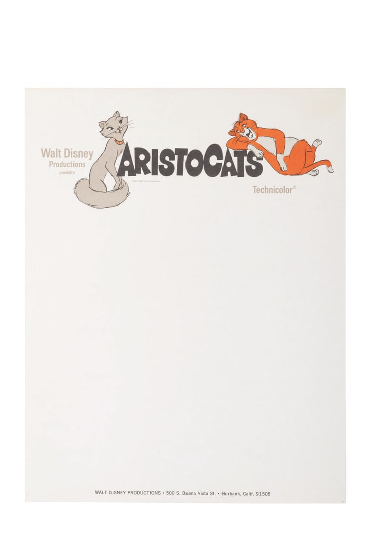A "The Aristocats" Stationery Sheet.: (Disney, 1970) A page of Walt Disney Productions letterhead themed for the original release of "The Aristocats." Measuring 8.5" x 11" the stationery is in very good condition with very light handling 