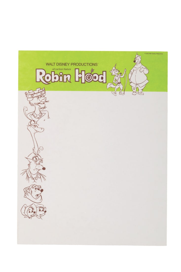 A Sheet of Disney Studio "Robin Hood" Production Letterhead.: (Disney, 1972) An early original unused sheet of Walt Disney Productions stationery letterhead from the production of "Robin Hood." Measuring 8.5" x 11" the sheet is in fine condition.