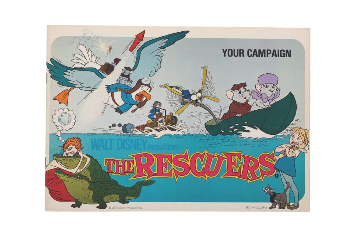 A "The Rescuers" Ad Campaign Book.: (Disney, 1977) An ad campaign book for the animated feature "The Rescuers." Measuring 8.25" x 11.75", the book is in fair condition with handling wear, discoloration from age, and heavy ink