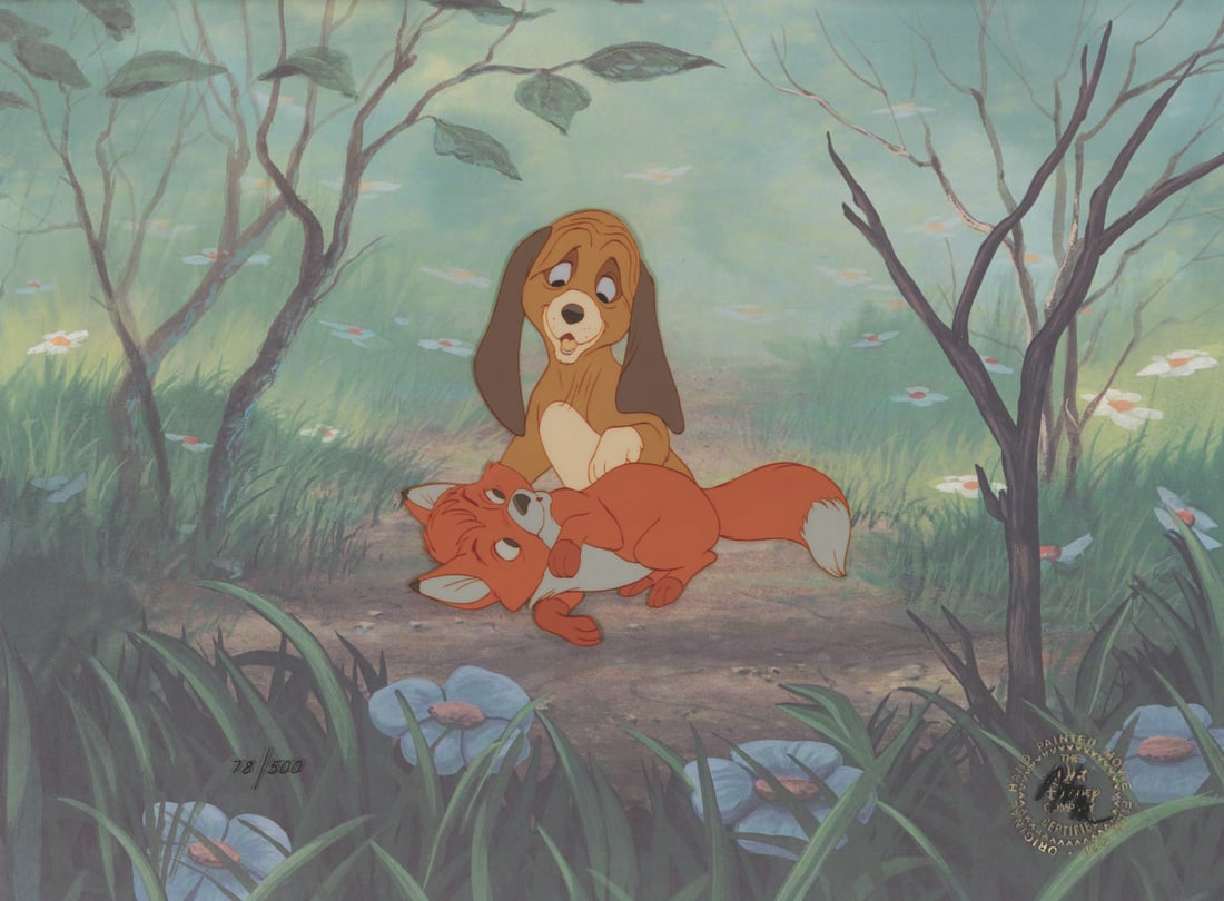 A "The Fox and the Hound" Limited Edition Cel.: (Disney, 1988) A hand-painted reproduction cel of Tod and Copper from "The Fox and the Hound," released in a limited edition and numbered 78/500. The characters have an image size of 5.5" x 5.75" on a