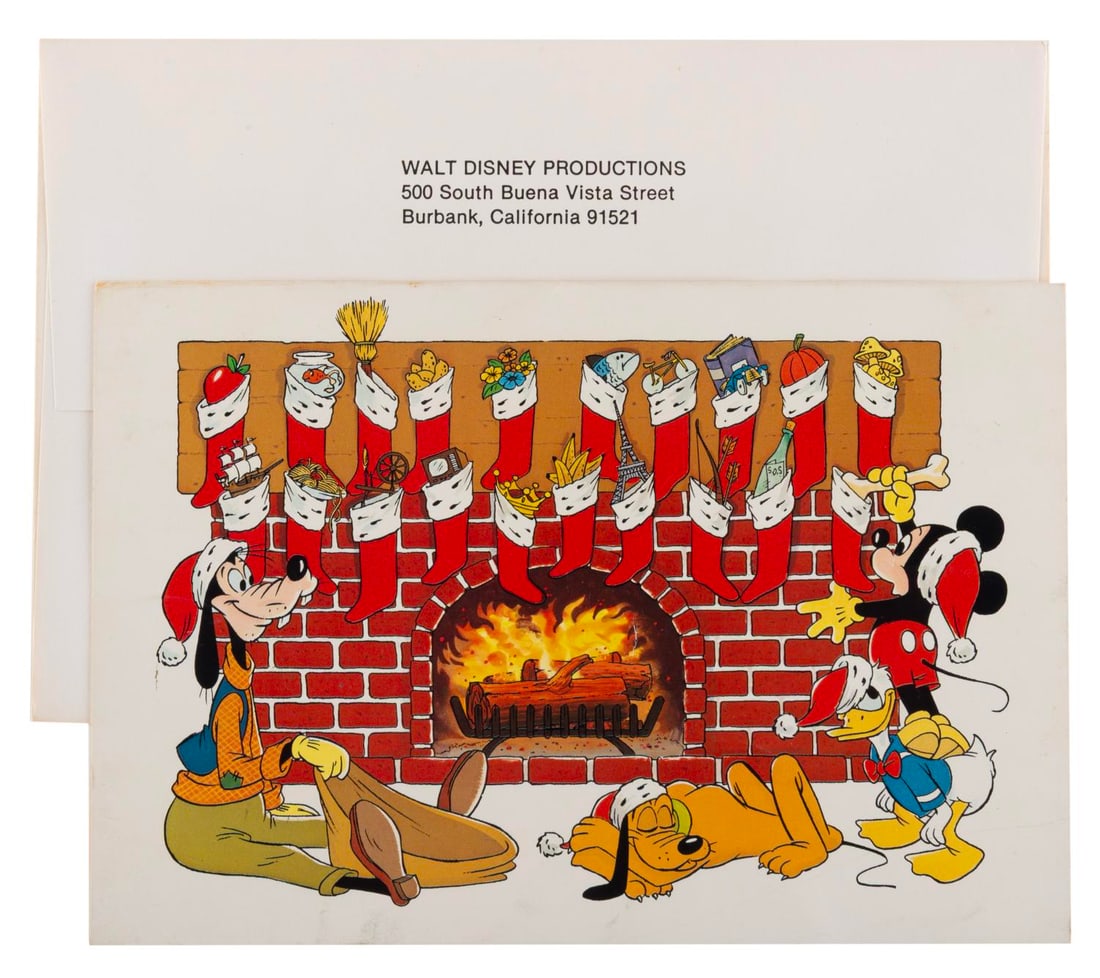 A 1981 Walt Disney Productions Christmas Card: (Disney, 1981) An unused Walt Disney Productions Christmas card from 1981. The cover features Mickey and friends stuffing stockings with gifts representing all the animated features to date, with the