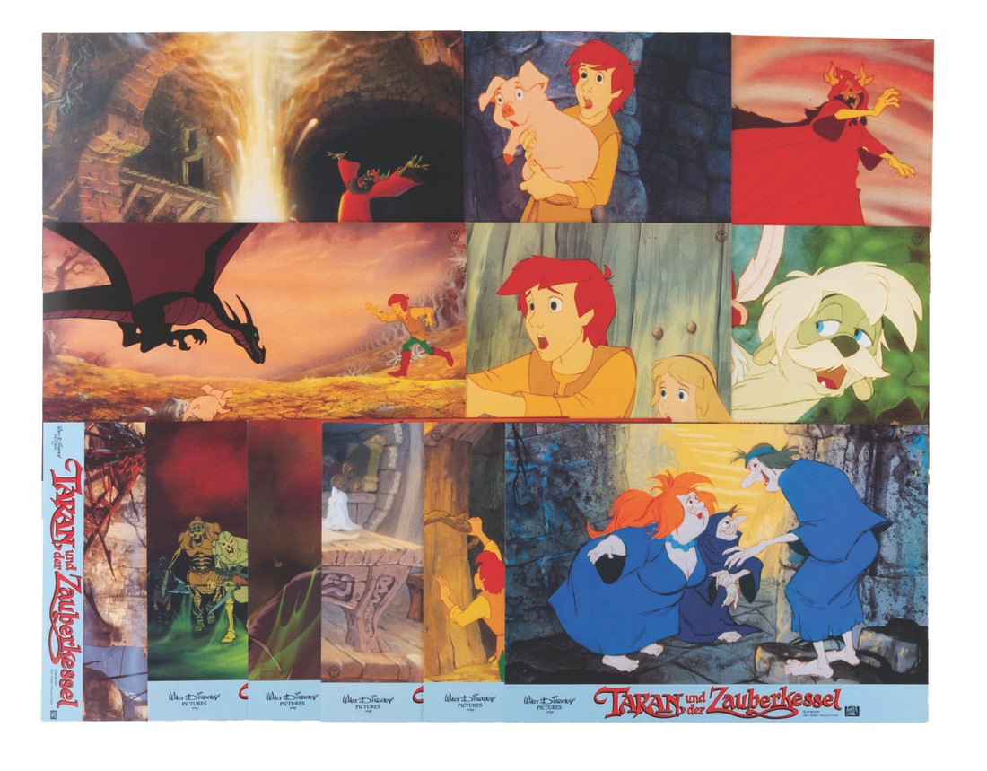 A Set of "The Black Cauldron" German Lobby Cards.: (Disney, 1985) A set of 12 lobby cards for the Germany release of the animated feature "The Black Cauldron." Measuring 8.25" x 11.75", the lobby cards are in very good to fine condition with light