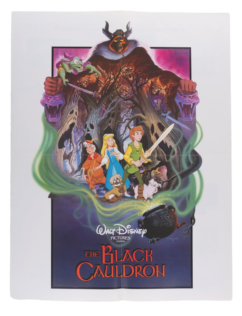 A "The Black Cauldron" Promotional Poster.: (Disney, 1985) A fold-out promotional poster for Disney's 25th animated feature, "The Black Cauldron." Measuring 17" x 22", the poster is in very good condition with light creases and wear along the