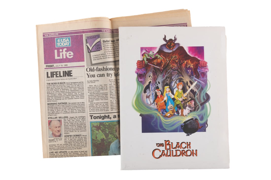 A Full "The Black Cauldron" Press Kit.: (Disney, 1985) A complete press kit for "TheBlack Cauldron." The folder contains ten 8" x 10" publicity stills, production notes, credits, and cast bios. Also included is a July 19, 1985 newspaper